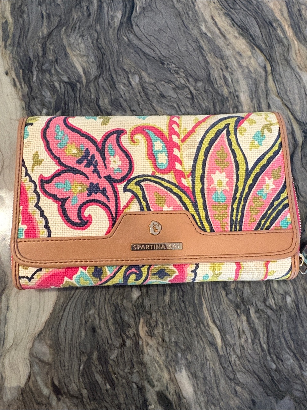 Spartina 449 Tan-Trim Floral Paisley Wallet with Pink, Yellow & Blue Accents